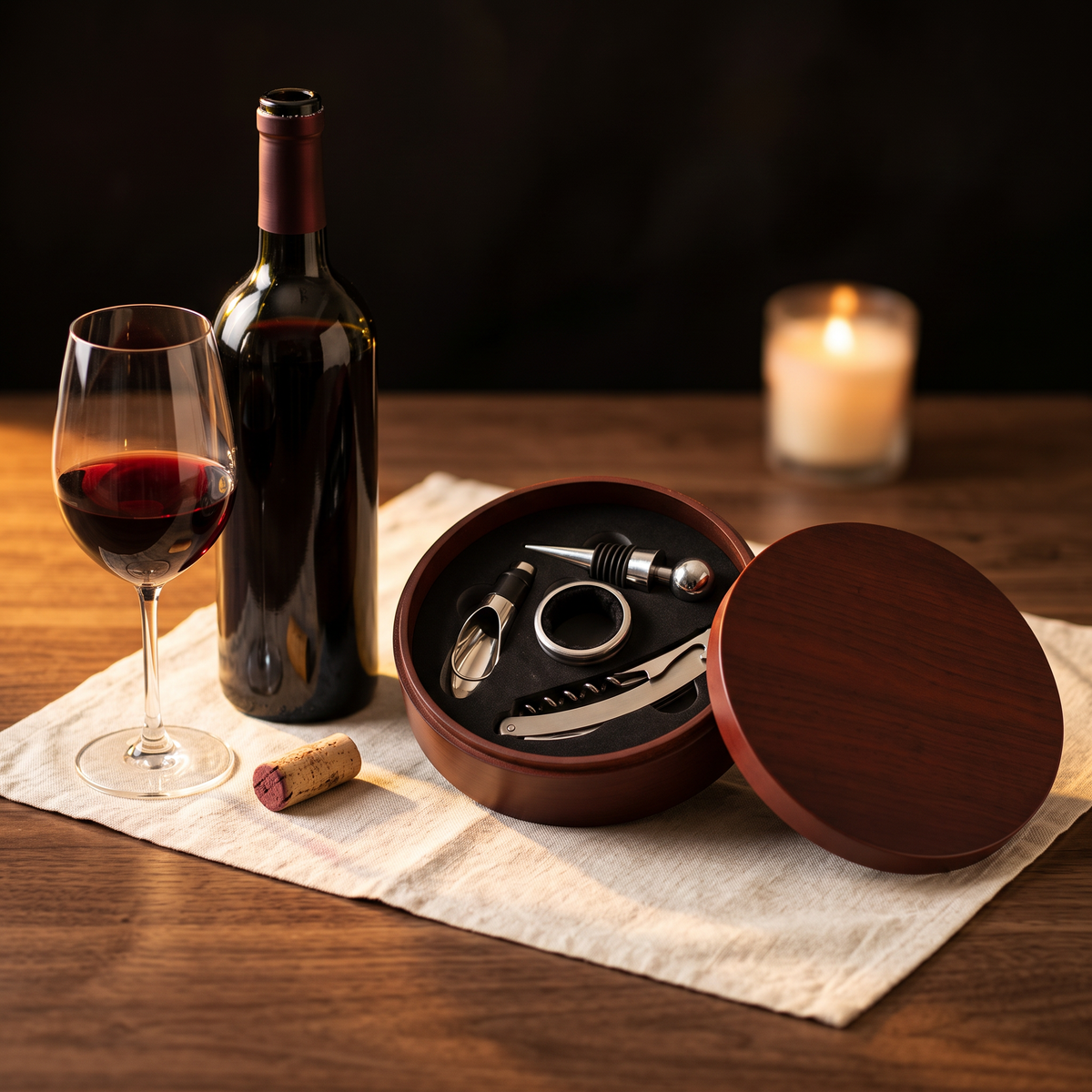 Coffret rond en bois tire-bouchon sommelier ouvert sur table en noyer avec bouteille et verre de vin