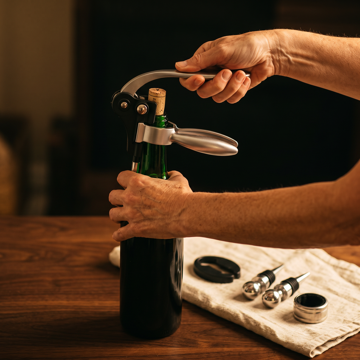 Ouverture d'une bouteille de vin avec le tire-bouchon à levier argent du coffret, accessoires sur la table