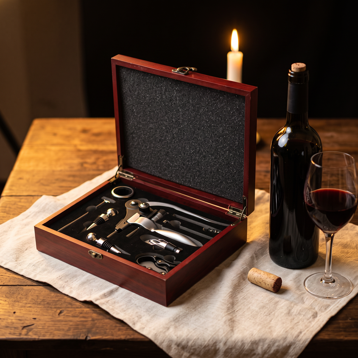 Coffret bois tire-bouchon argent ouvert sur table en noyer avec bouteille et verre de vin