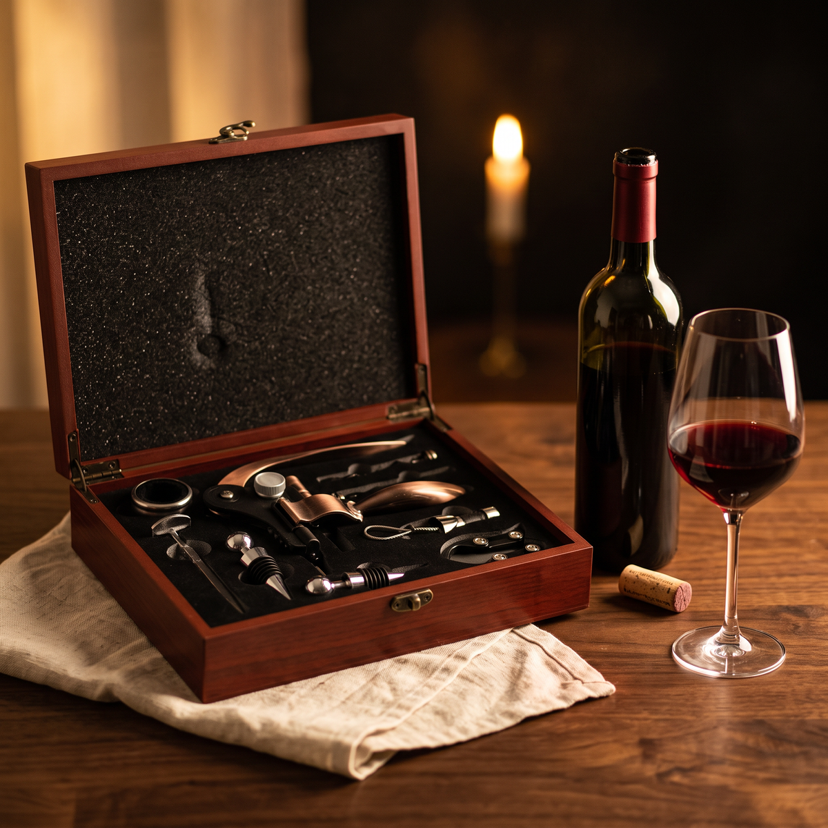 Coffret bois tire-bouchon bronze ouvert sur table en noyer avec bouteille et verre de vin