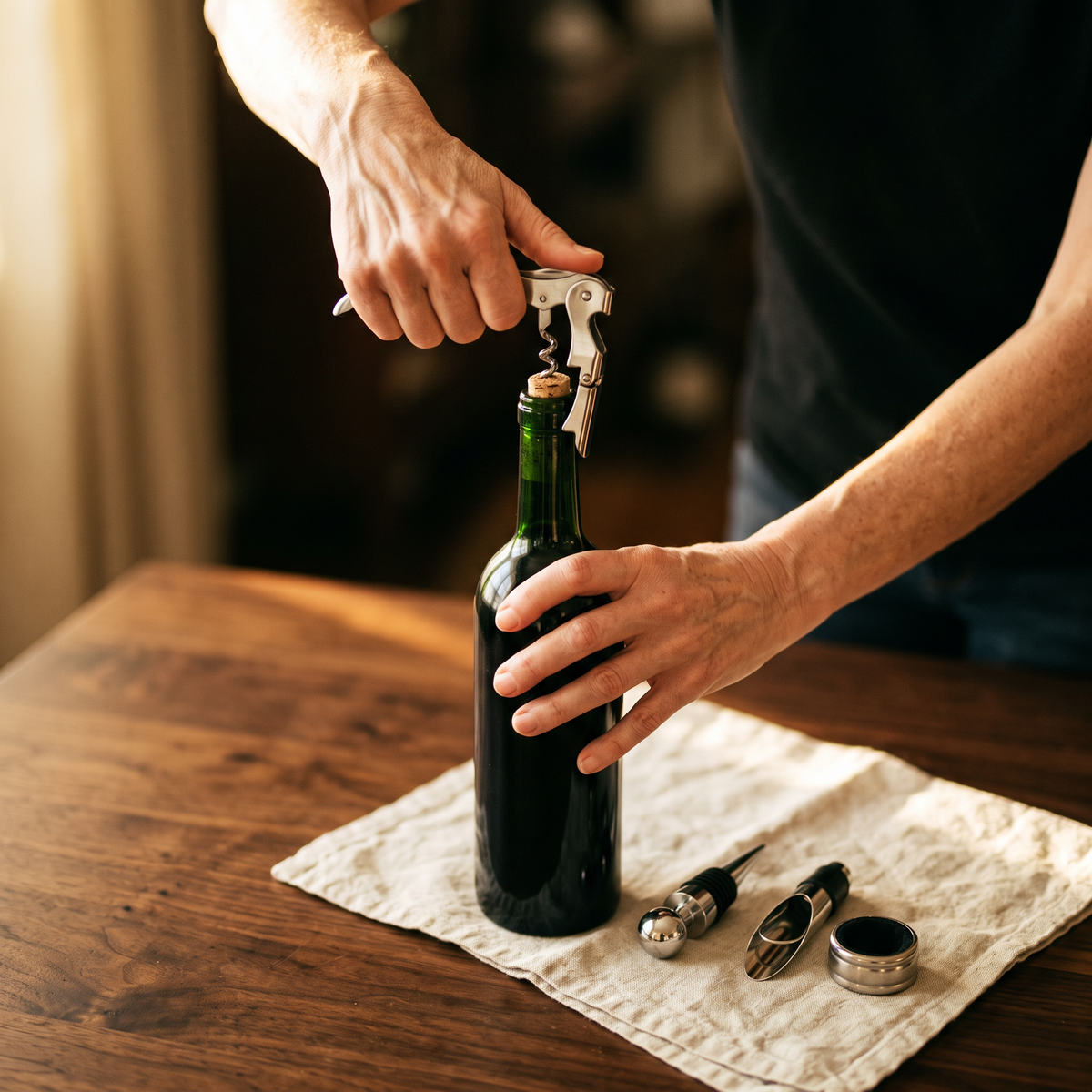 Ouverture d'une bouteille de vin avec le tire-bouchon sommelier du coffret rond, accessoires sur la table