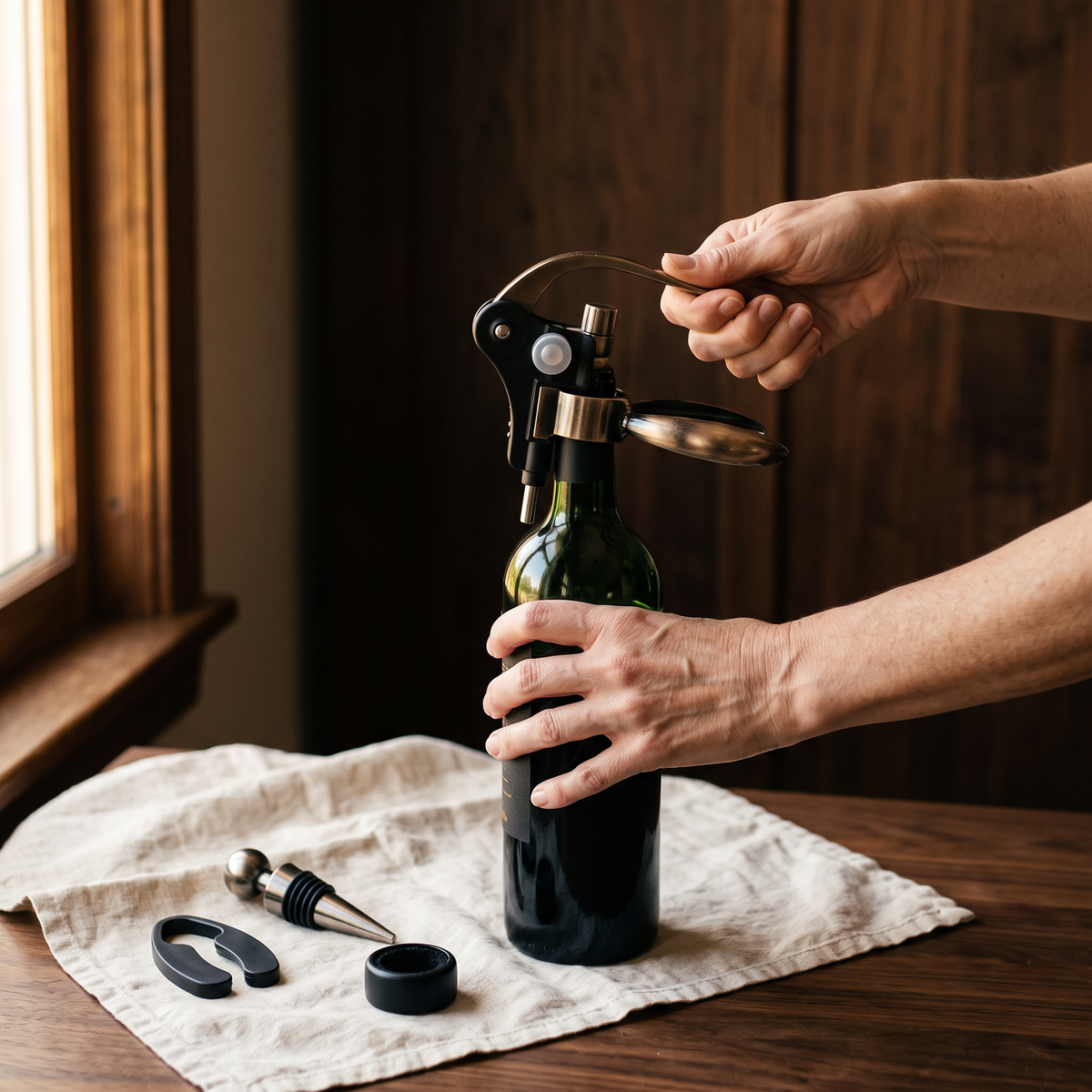 Ouverture d'une bouteille de vin avec le tire-bouchon à levier du coffret luxe, accessoires sur la table