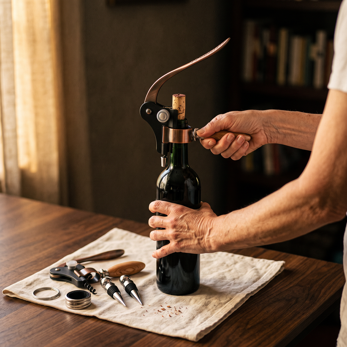 Ouverture d'une bouteille de vin avec le tire-bouchon à levier bronze du coffret cuir, accessoires sur la table