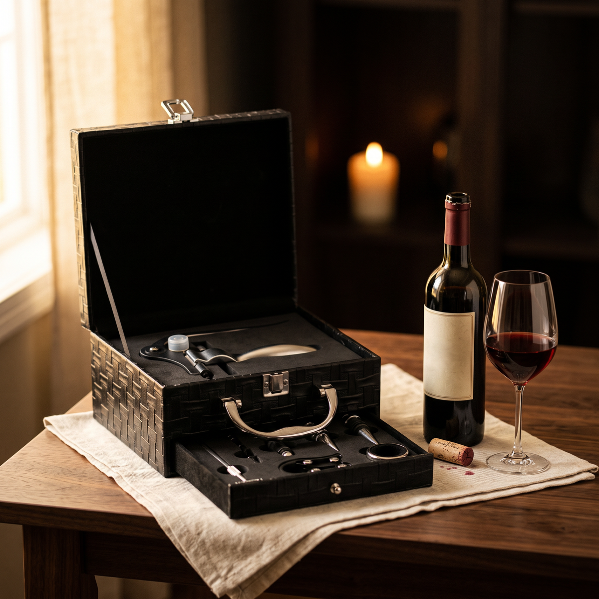 Coffret cuir à tiroir tire-bouchon ouvert sur table en noyer avec bouteille et verre de vin