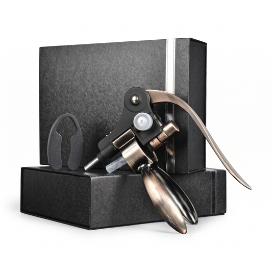 Coffret luxe noir avec tire-bouchon à levier noir et bronze, coupe-capsule et bouchon sur fond blanc