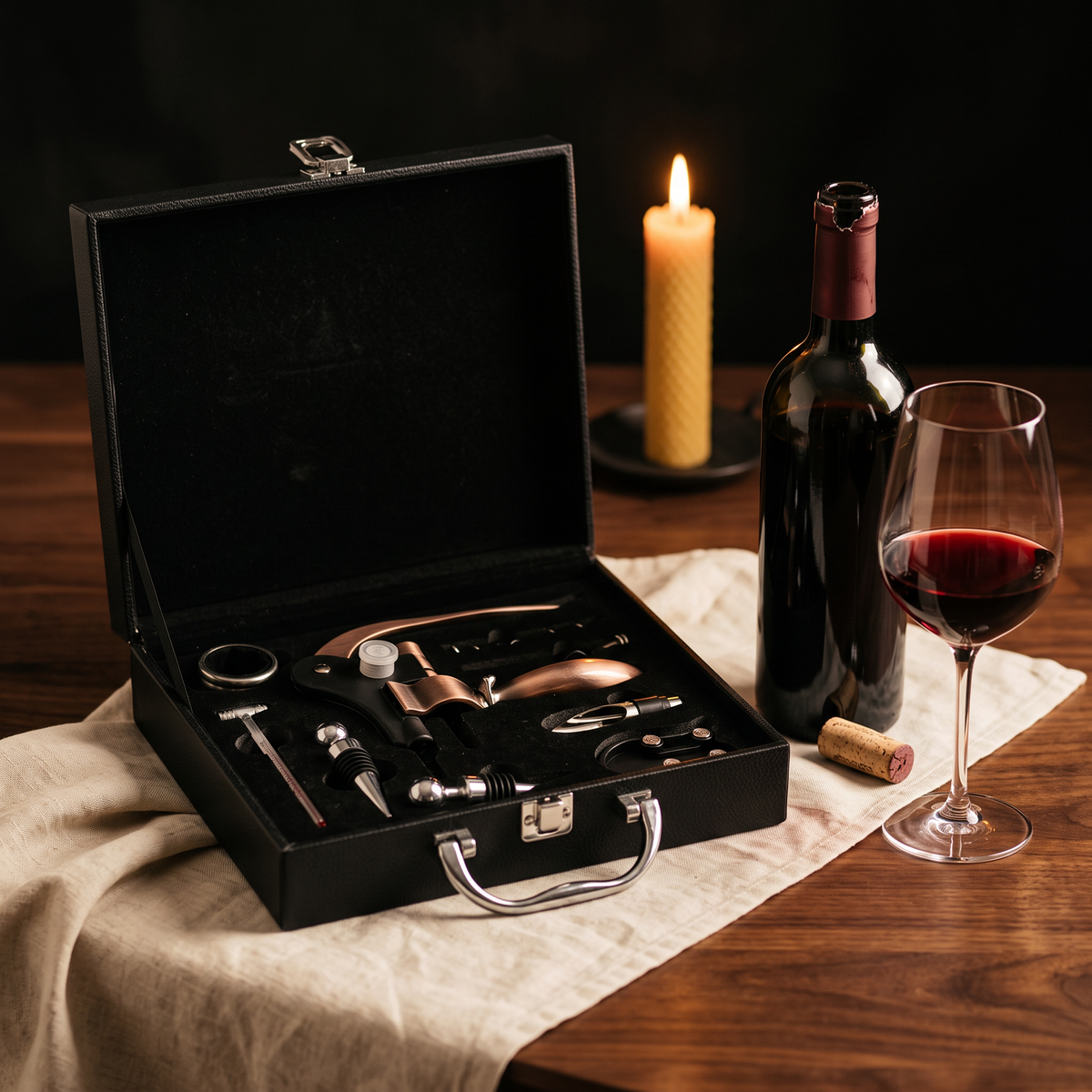Coffret cuir tire-bouchon bronze ouvert sur table en noyer avec bouteille et verre de vin