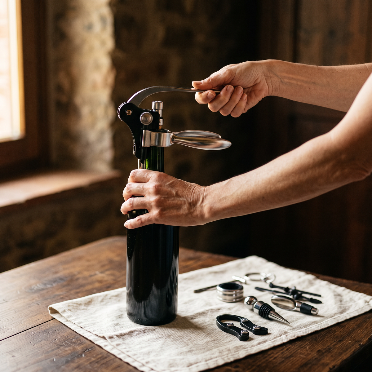 Ouverture d'une bouteille de vin avec le tire-bouchon à levier argent du coffret cuir, accessoires sur la table