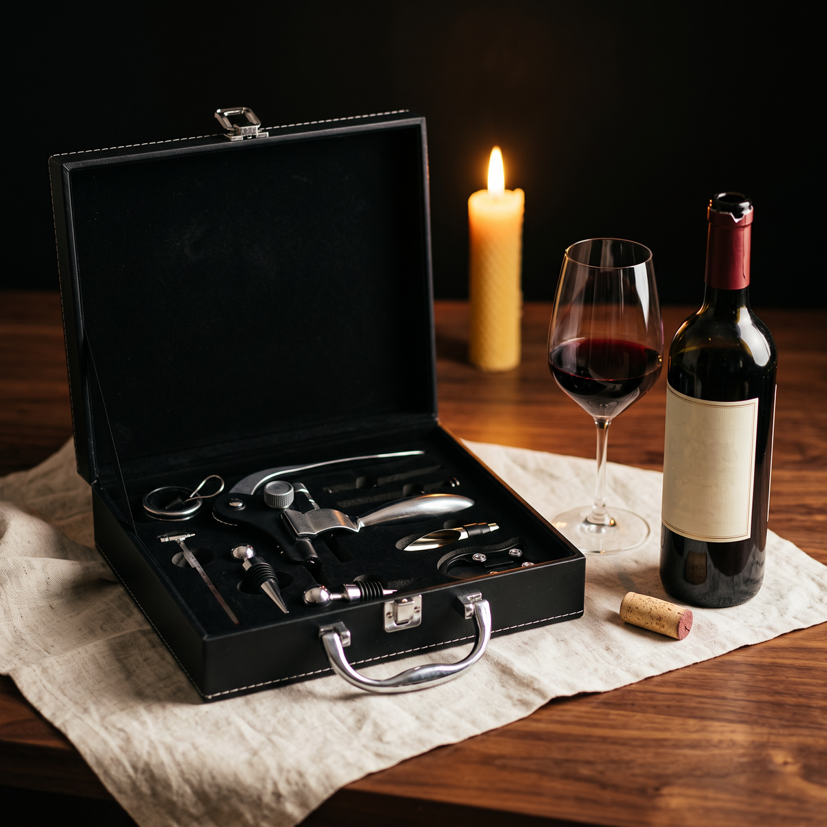 Coffret cuir tire-bouchon argent ouvert sur table en noyer avec bouteille et verre de vin