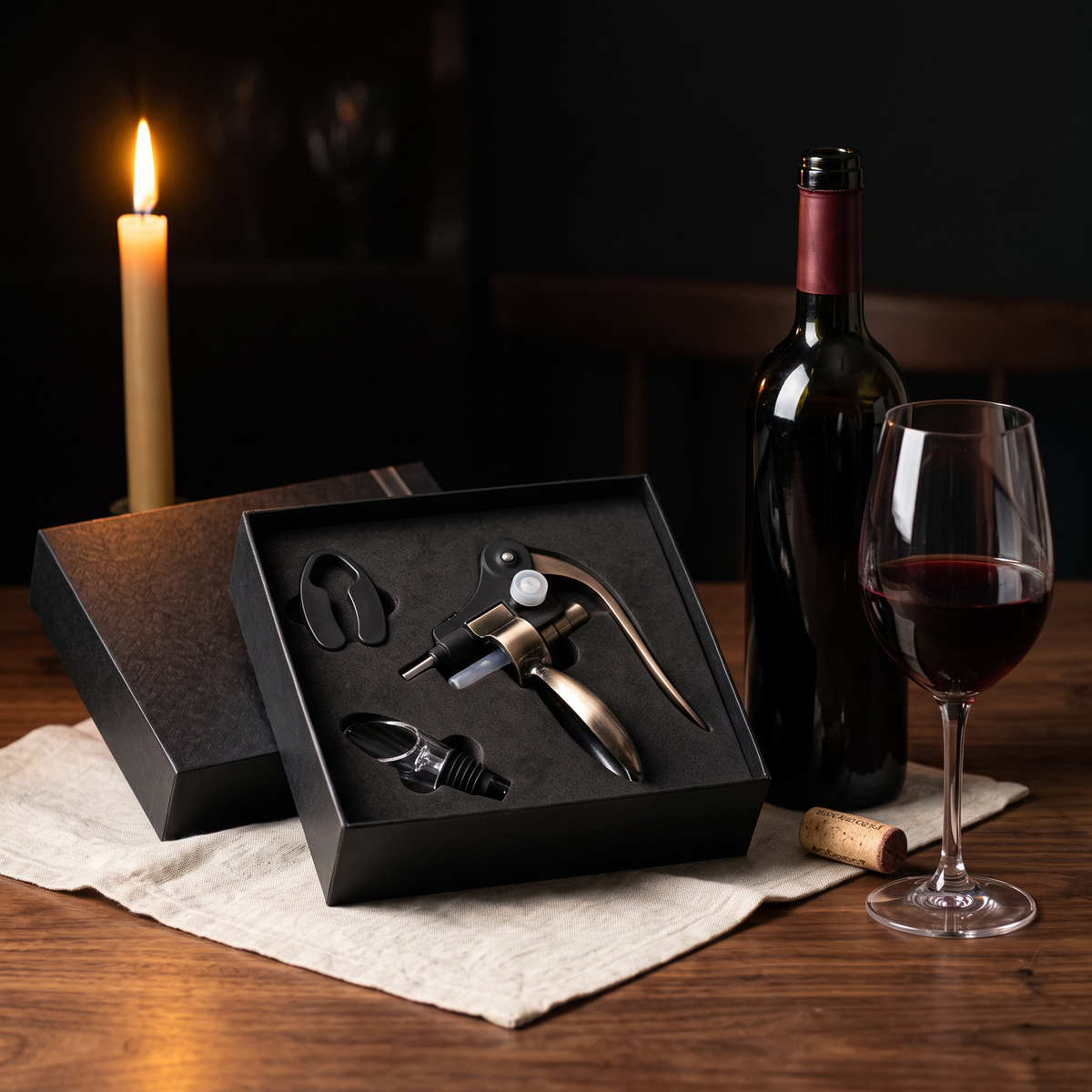 Coffret luxe tire-bouchon ouvert sur table en noyer avec bouteille et verre de vin