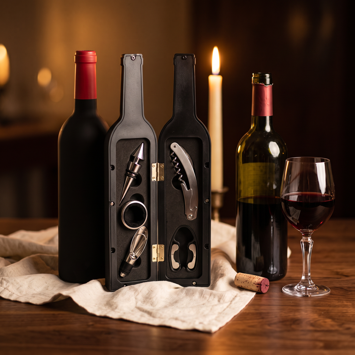 Coffret forme bouteille ouvert avec accessoires de vin sur table en noyer avec bouteille et verre