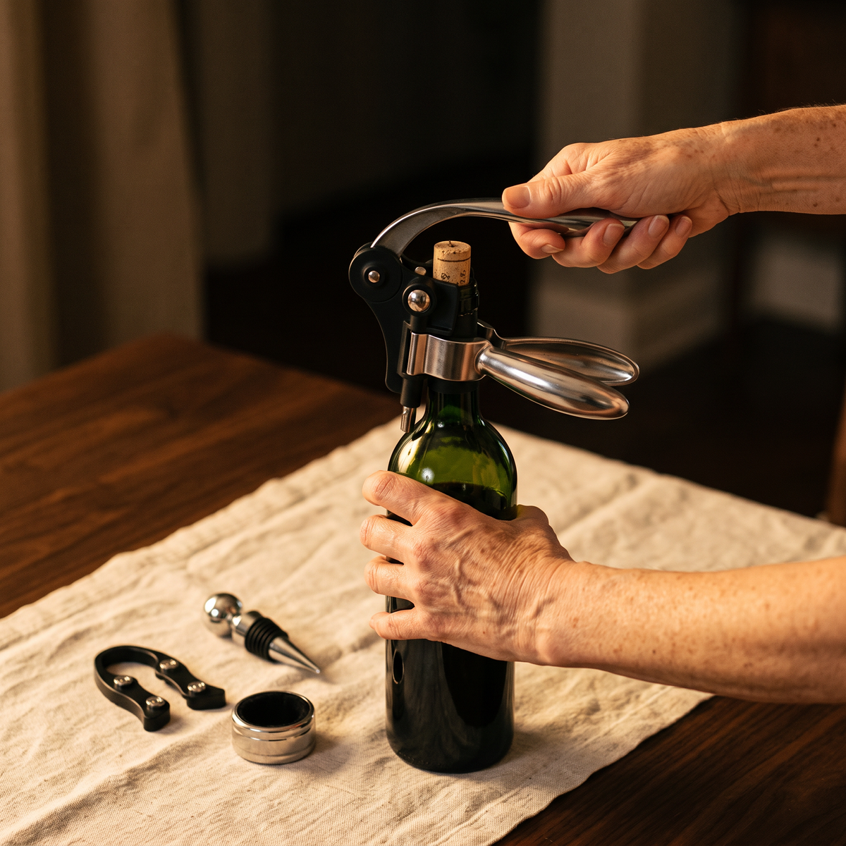 Ouverture d'une bouteille de vin avec le tire-bouchon à levier noir du coffret, accessoires sur la table