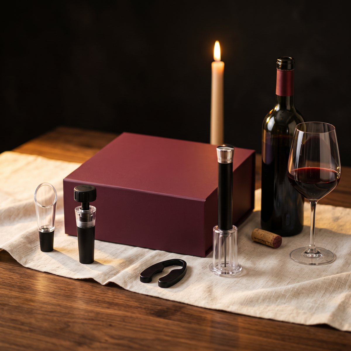 Coffret tire-bouchon à air professionnel et accessoires sur table en noyer avec bouteille et verre de vin