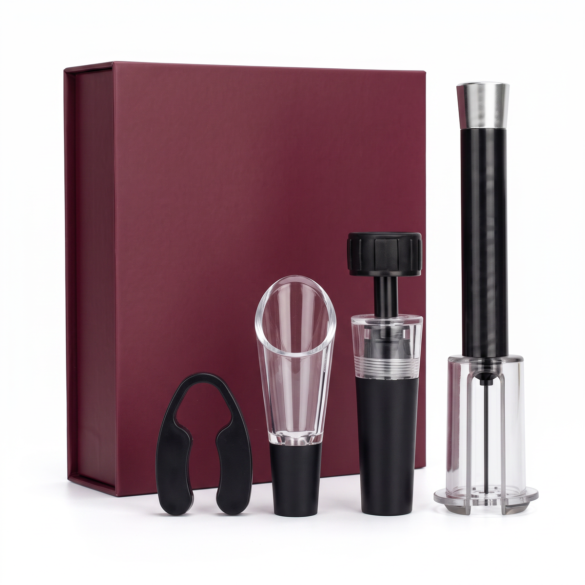 Coffret tire-bouchon à air professionnel avec accessoires et boîte bordeaux sur fond blanc