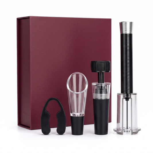 Coffret tire-bouchon à air professionnel avec accessoires et boîte bordeaux sur fond blanc