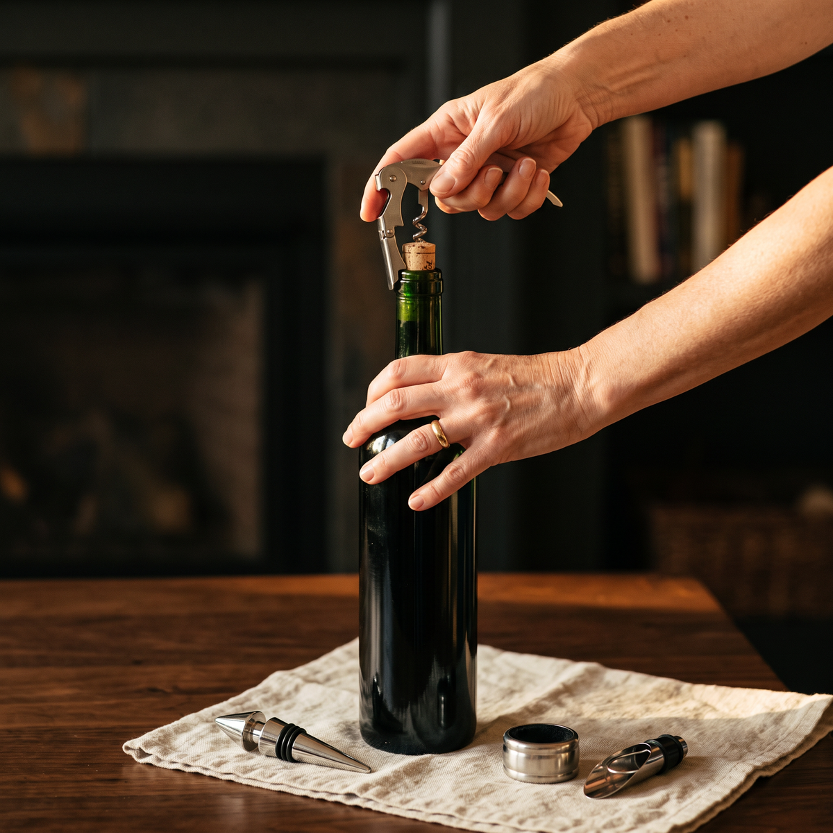 Ouverture d'une bouteille de vin avec le tire-bouchon du coffret bouteille, accessoires sur la table