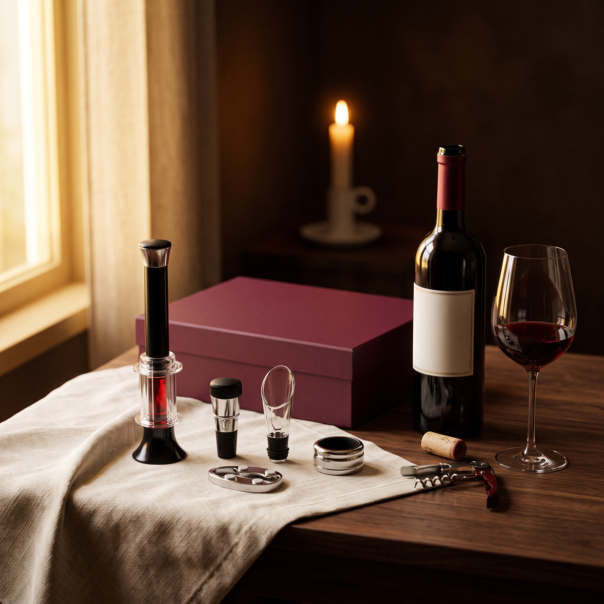 Coffret cadeau tire-bouchon à air et accessoires sur table en noyer avec bouteille et verre de vin