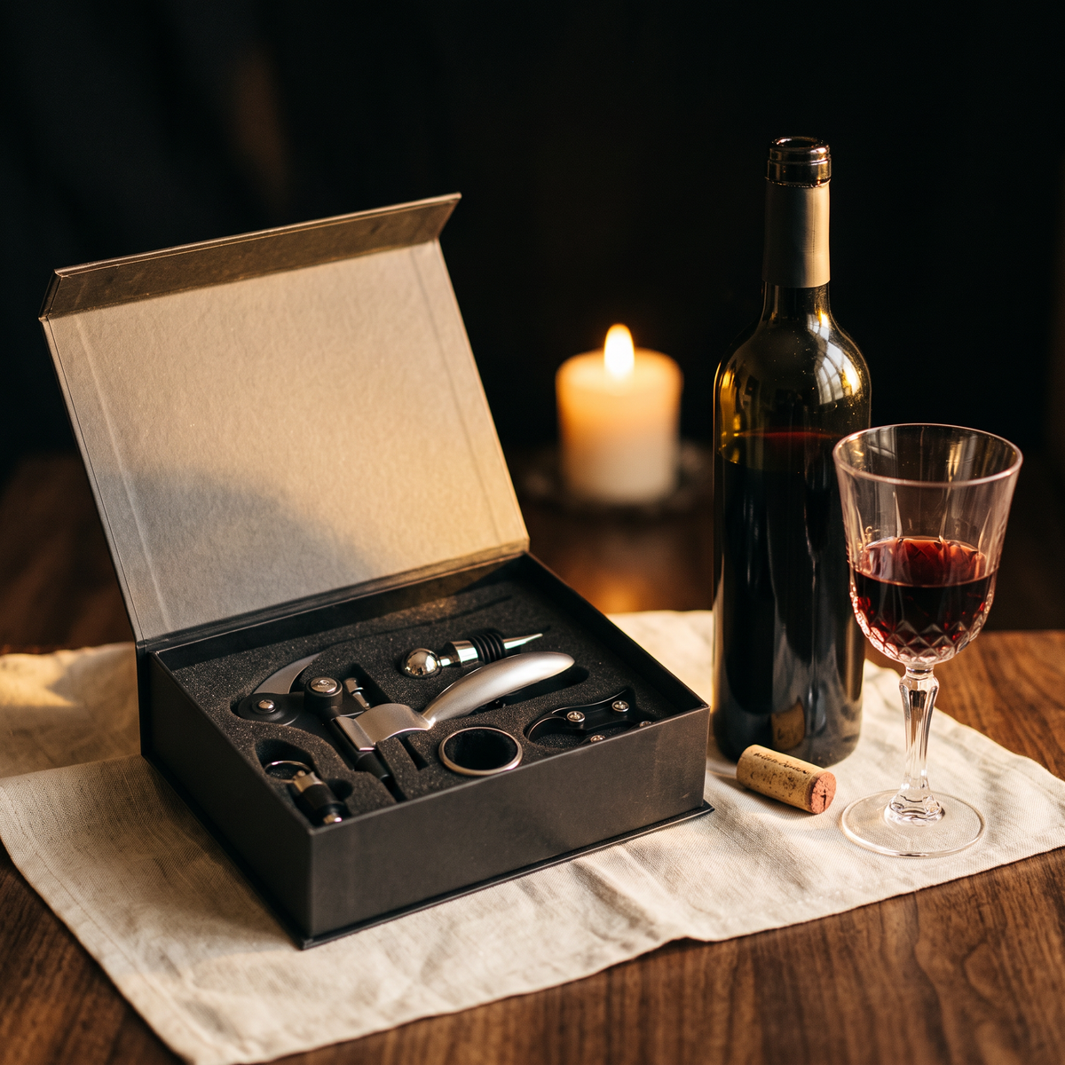 Coffret noir tire-bouchon ouvert sur table en noyer avec bouteille et verre de vin