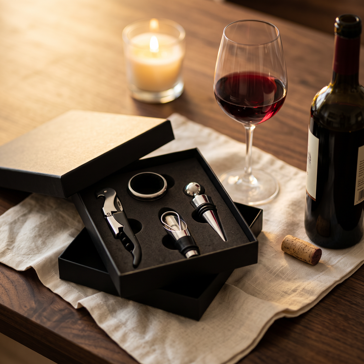 Coffret noir limonadier ouvert sur table en noyer avec bouteille et verre de vin