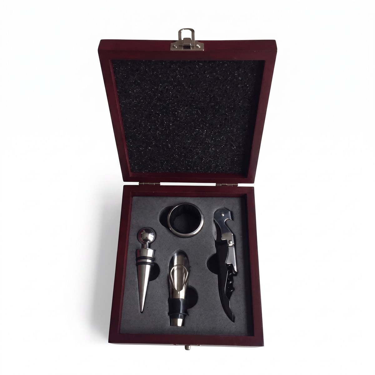 Coffret bois acajou limonadier avec bouchon, collier anti-goutte et verseur, ouvert sur fond blanc