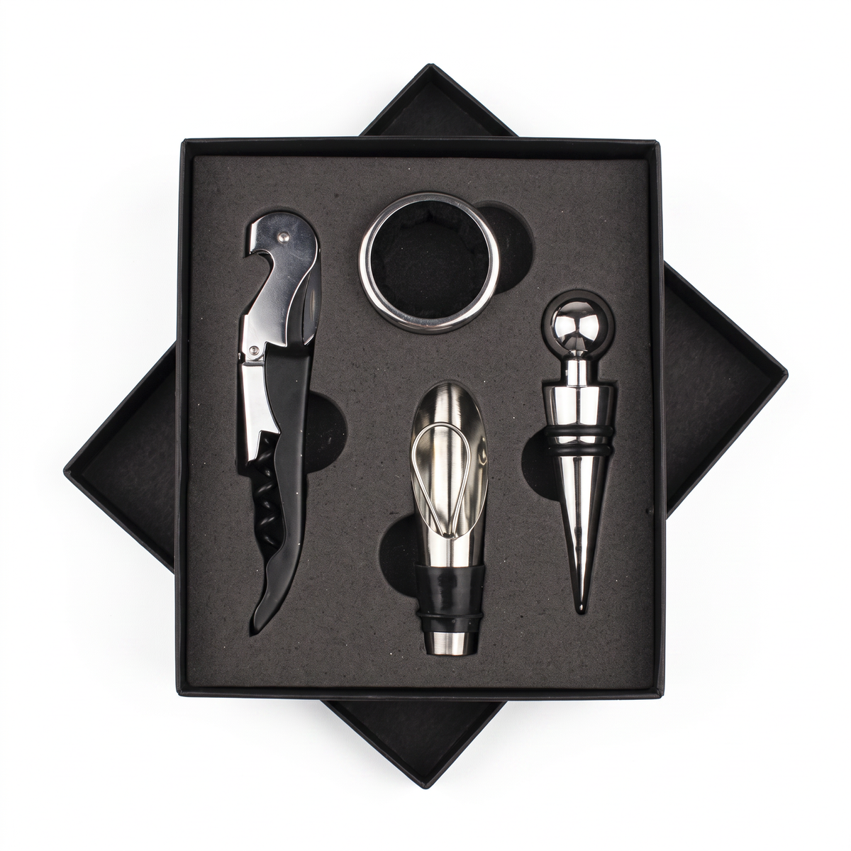 Coffret noir limonadier avec collier anti-goutte, verseur et bouchon, ouvert sur fond blanc