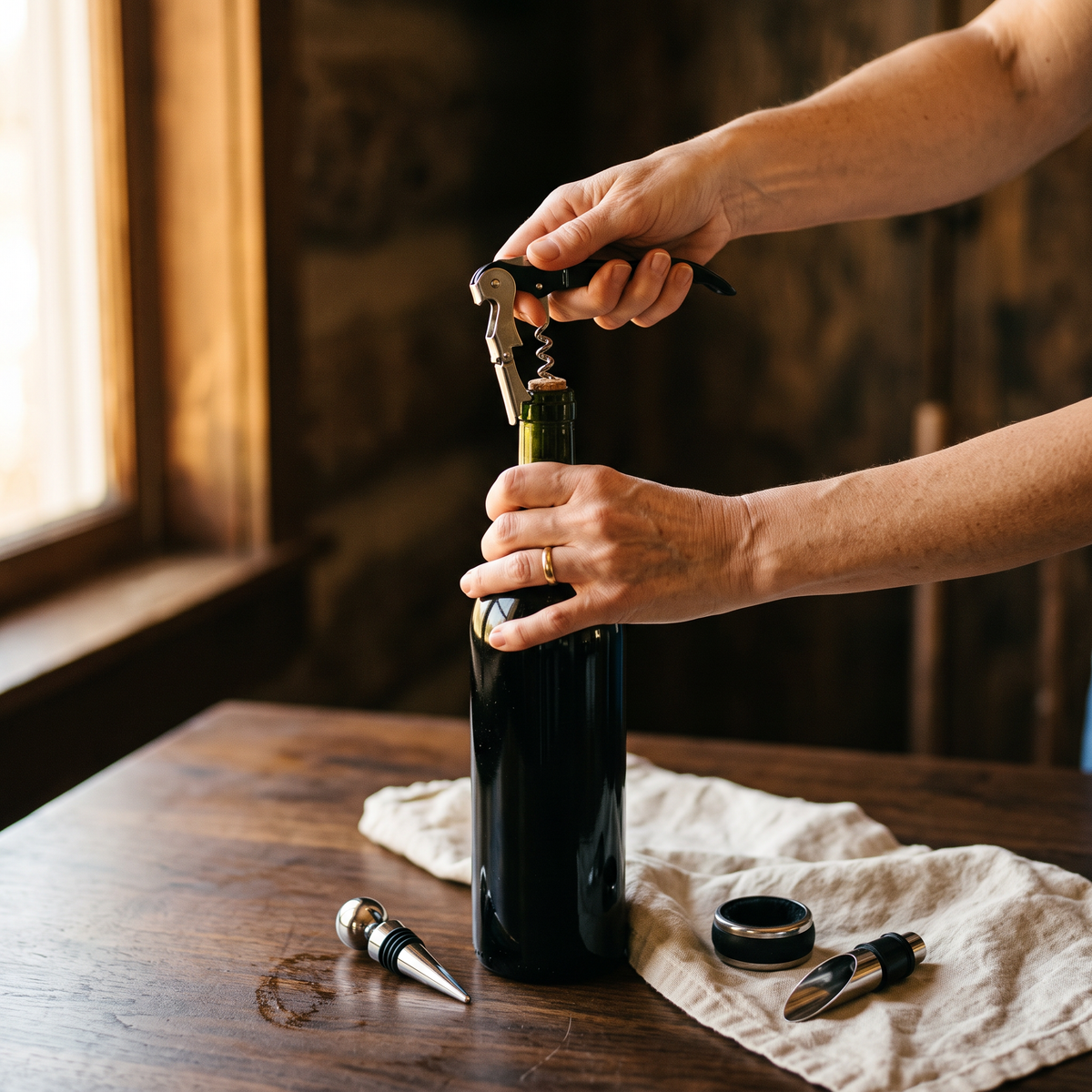 Ouverture d'une bouteille de vin avec le limonadier du coffret bois, accessoires sur la table