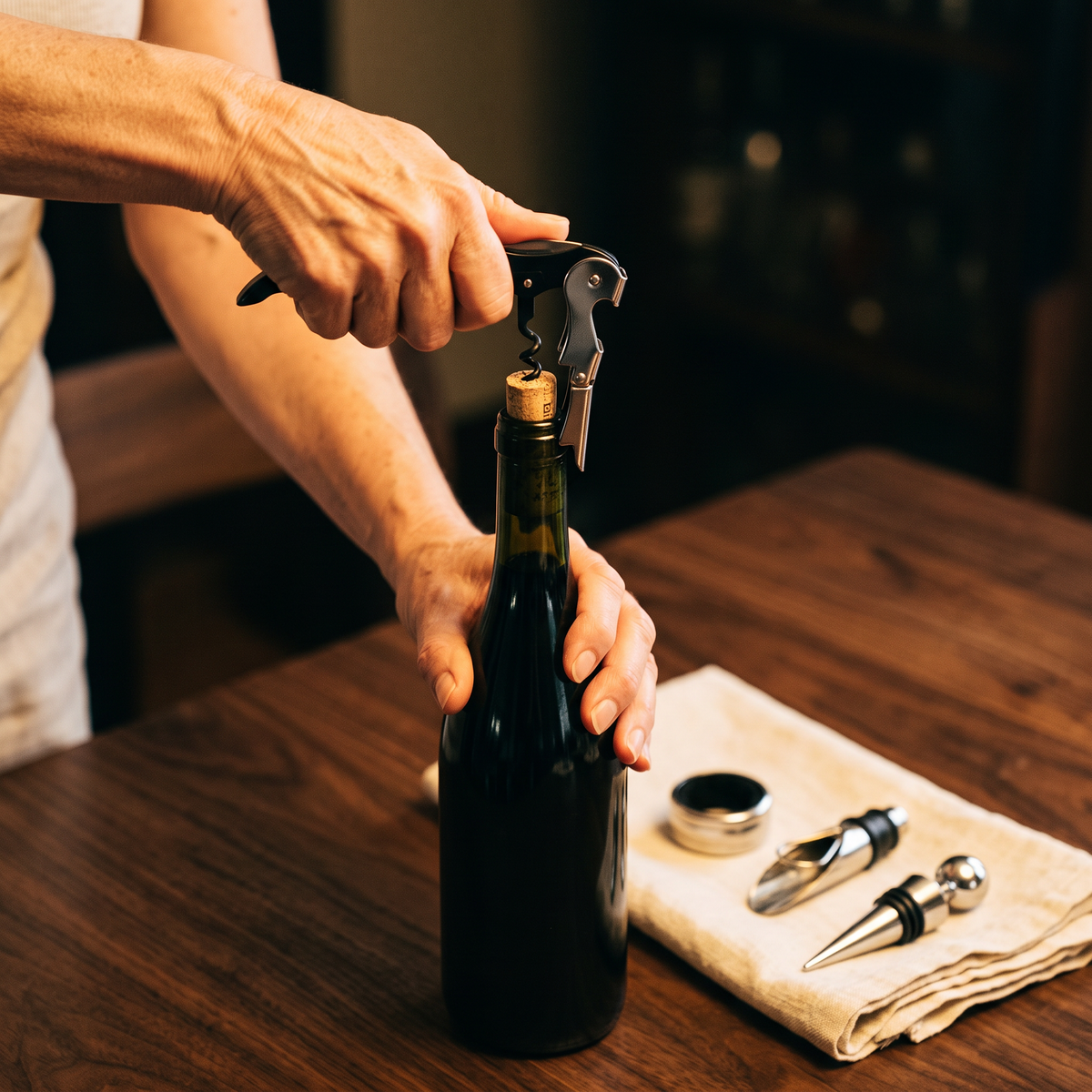 Ouverture d'une bouteille de vin avec le limonadier noir du coffret, accessoires sur la table