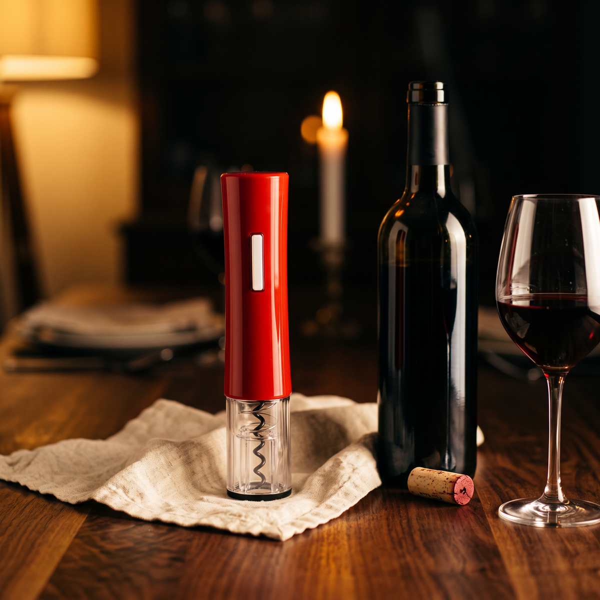 Tire-bouchon électrique rouge brillant sur table en noyer avec bouteille et verre de vin