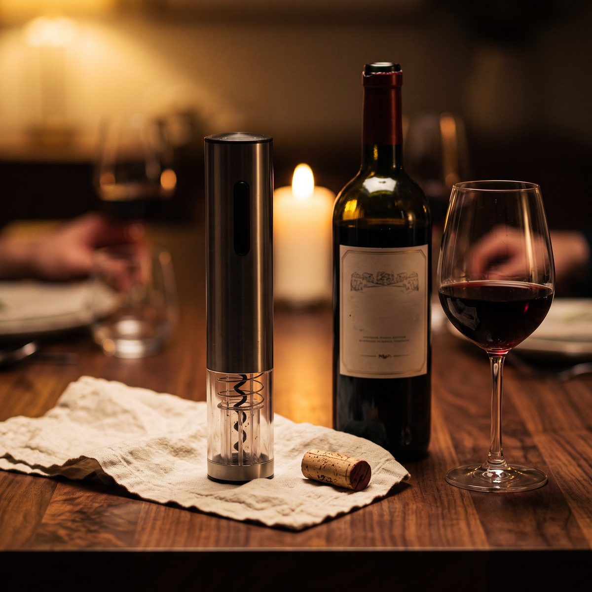 Tire-bouchon électrique sans fil sur table en noyer avec bouteille et verre de vin