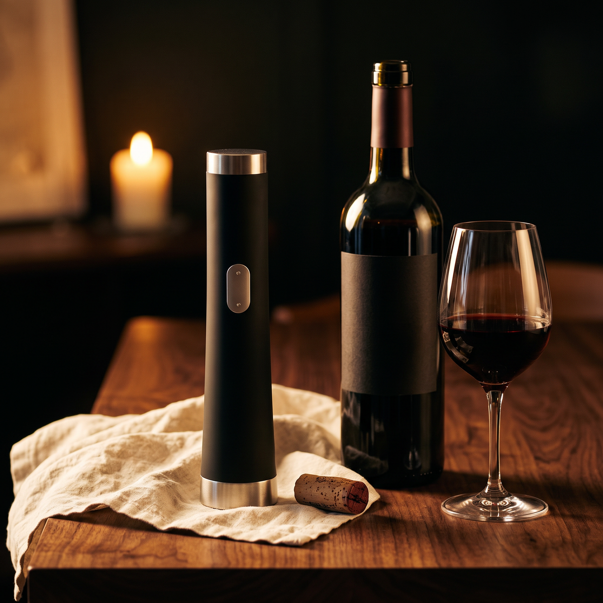 Tire-bouchon électrique Design sur table en noyer avec bouteille et verre de vin