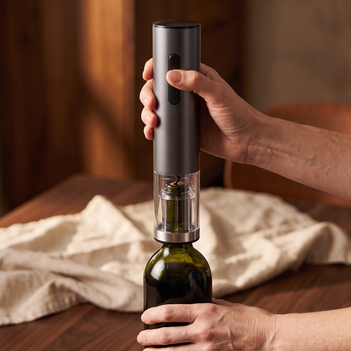 Ouverture d'une bouteille de vin avec le tire-bouchon électrique sans fil