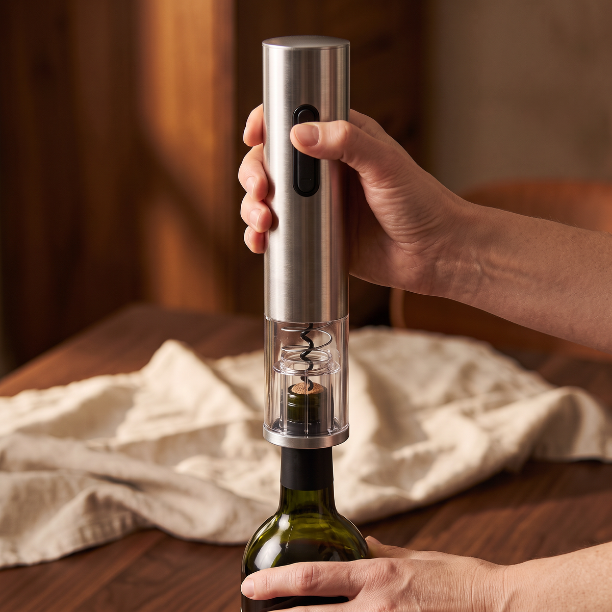 Ouverture d'une bouteille de vin avec le tire-bouchon électrique Bouton