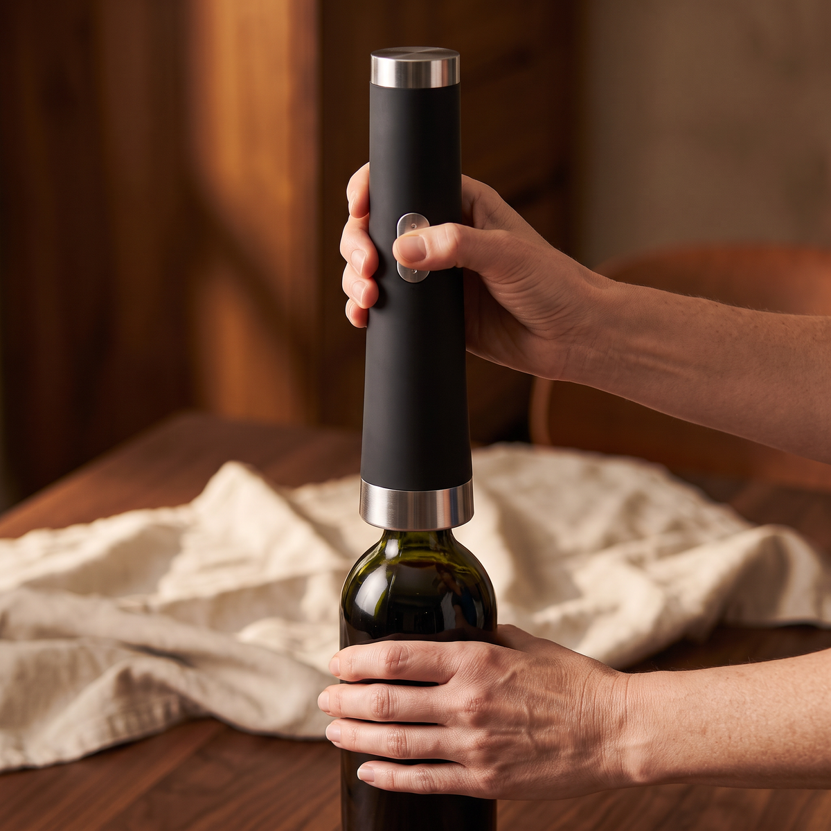 Ouverture d'une bouteille de vin avec le tire-bouchon électrique Design