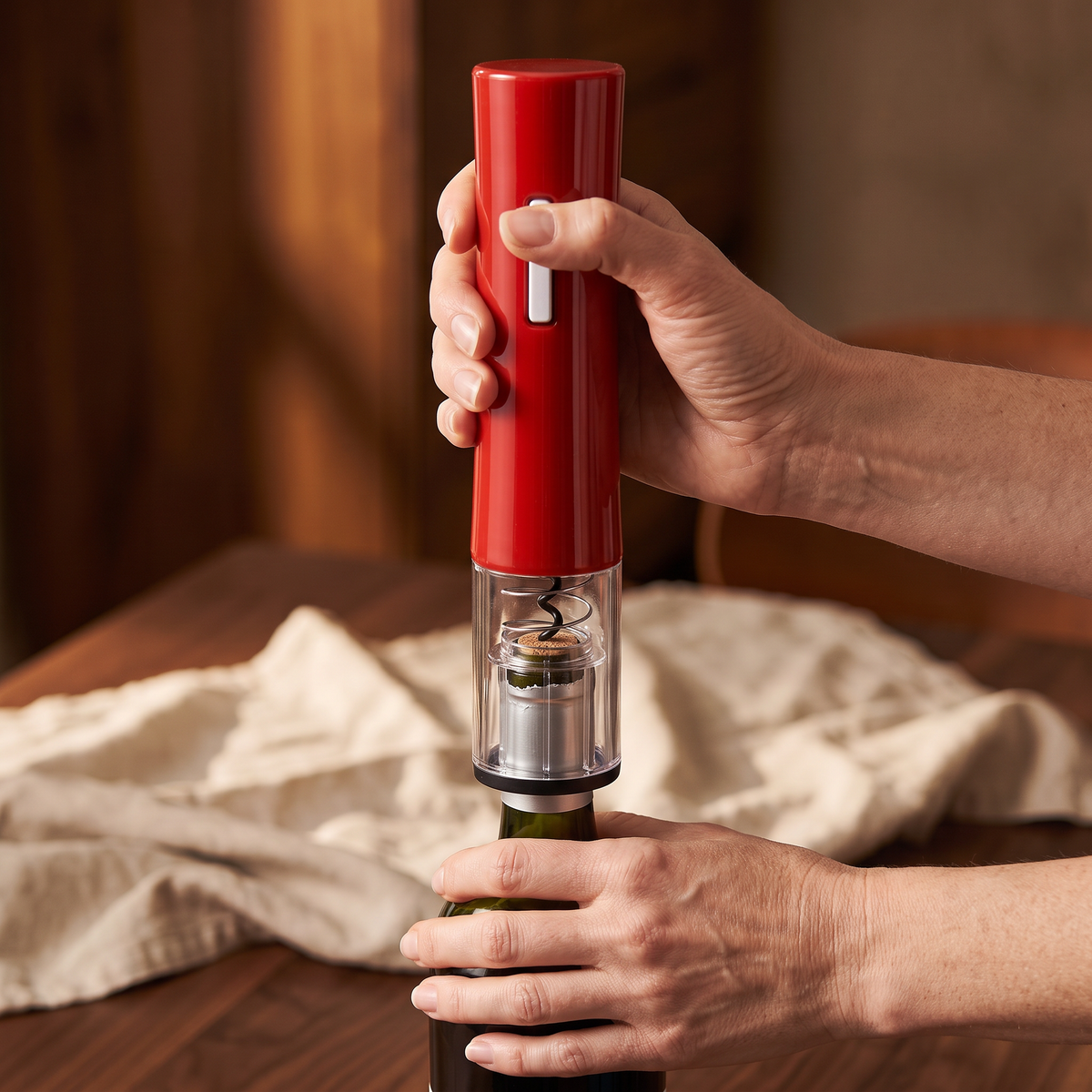 Ouverture d'une bouteille de vin avec le tire-bouchon électrique rouge brillant