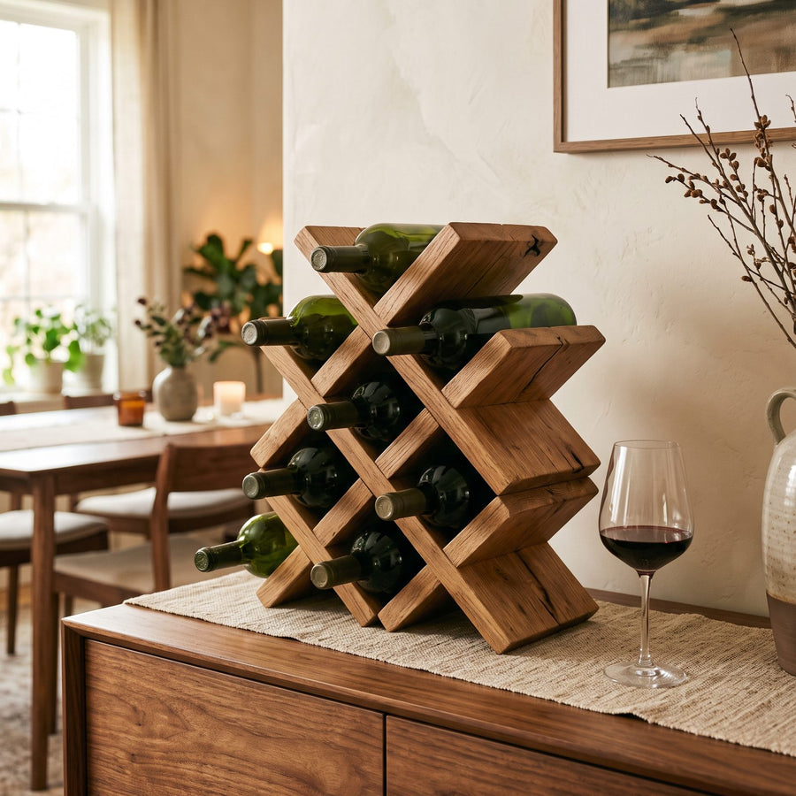 Range-bouteilles en bois sur un buffet