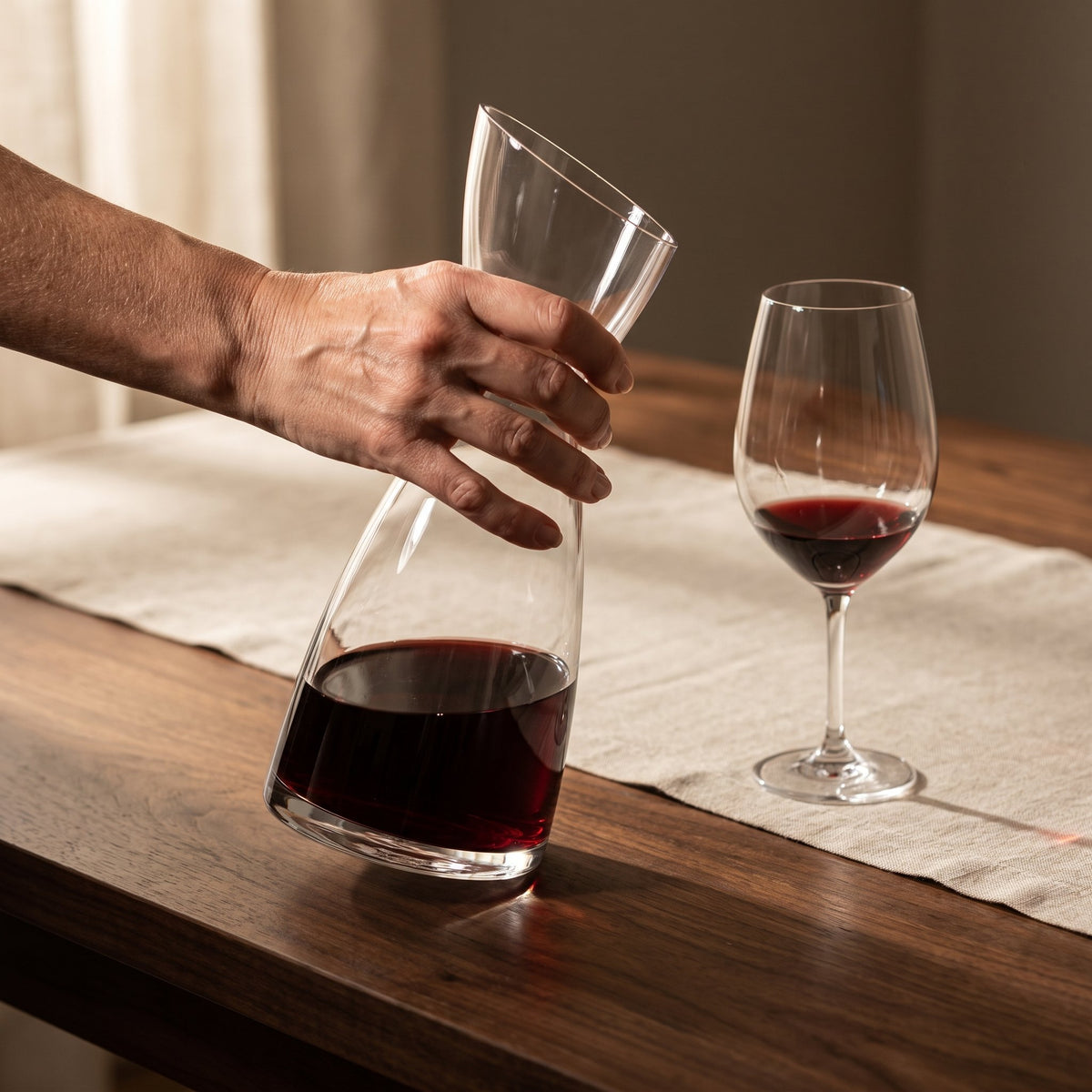 Carafe Lady tenue en main près d'un verre à pied
