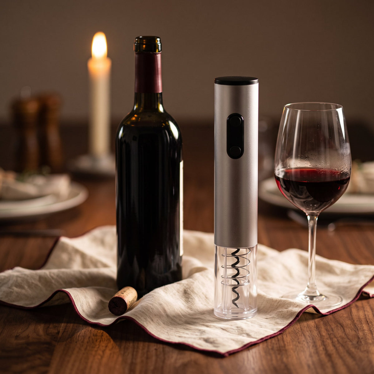 Tire-bouchon électrique Professionnel Gris sur une table de dîner en noyer avec bouteille et verre de vin rouge