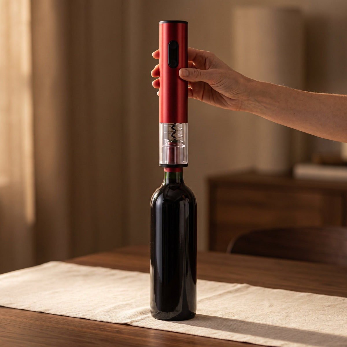 Main posant le tire-bouchon électrique rouge sur le goulot de la bouteille — La Maison du Sommelier