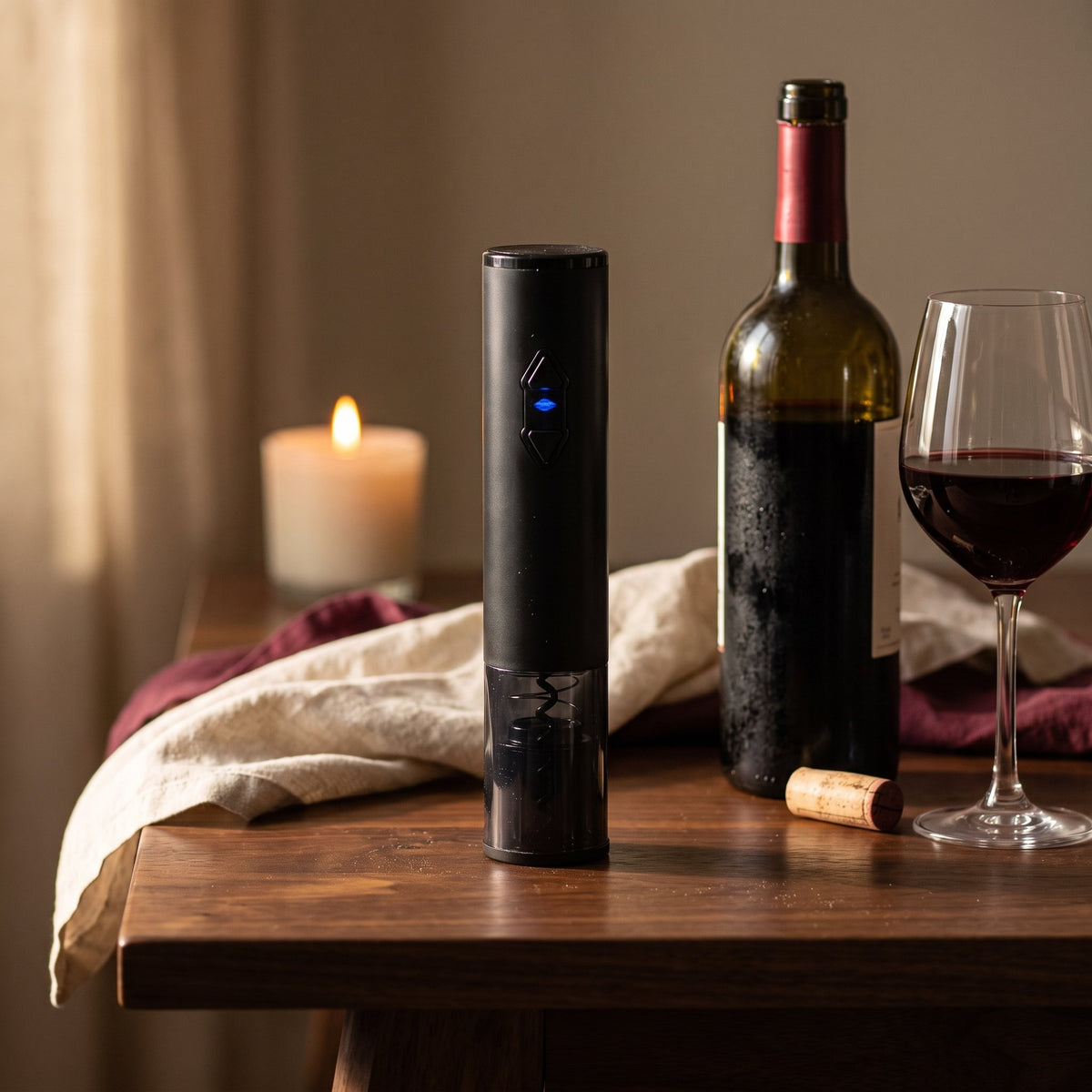 Tire-bouchon électrique Rapide noir sur une table de dîner avec vin et bougie — La Maison du Sommelier