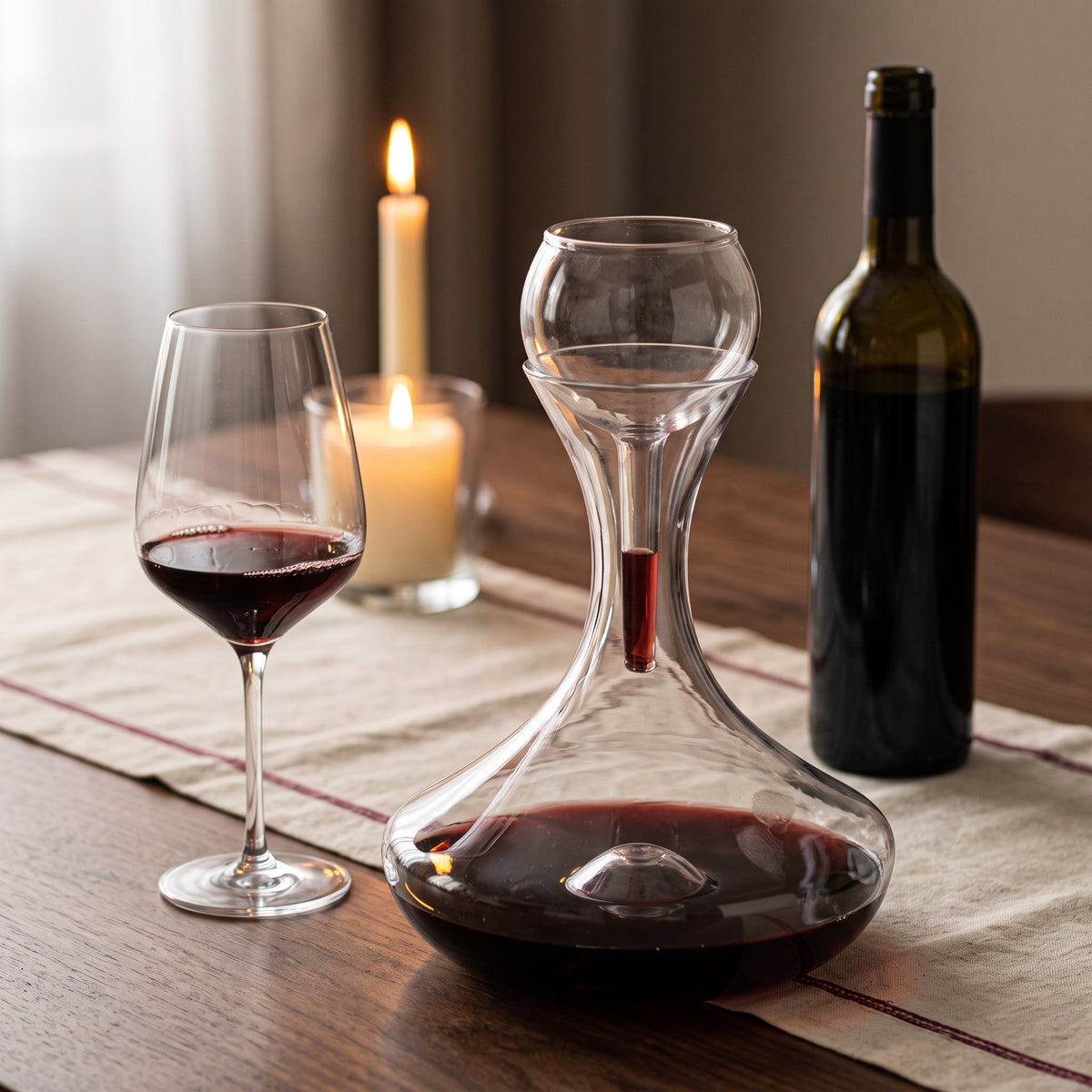Carafe Uppercup en cristal, vin rouge sur table de dîner