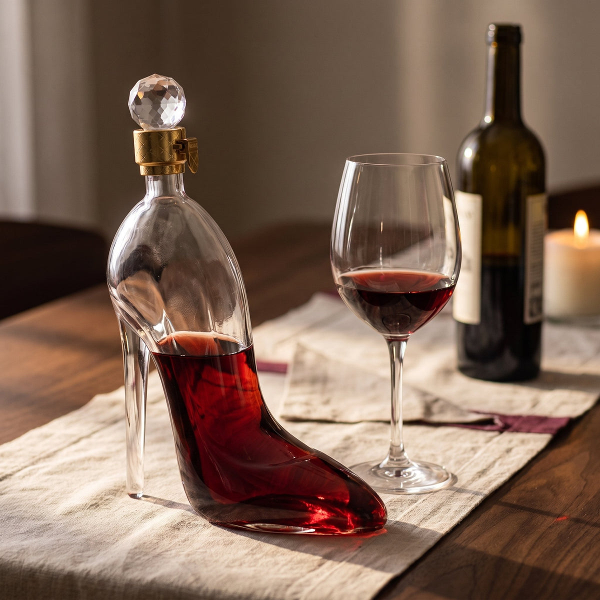 Carafe Talon Aiguille, vin rouge sur table de dîner