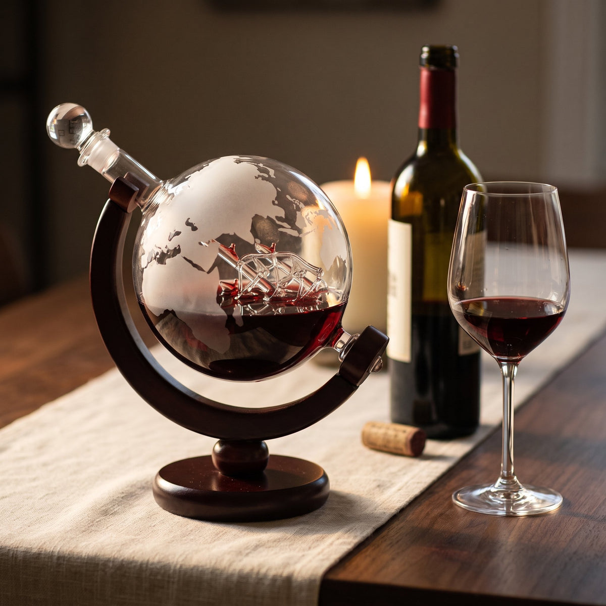 Carafe Globe Trotter avec vin rouge, carte du monde gravée, table de dîner