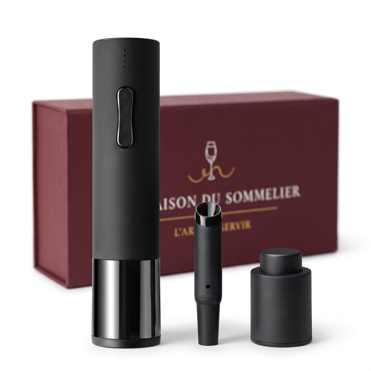 Coffret tire-bouchon électrique noir professionnel avec verseur et bouchon sous vide devant la boîte cadeau bordeaux, fond blanc — La Maison du Sommelier