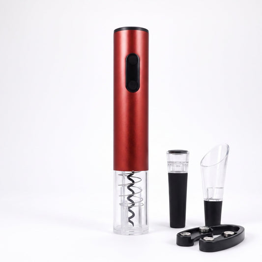 Tire-bouchon électrique rouge avec verseur, bouchon et coupe-capsule, fond blanc — La Maison du Sommelier