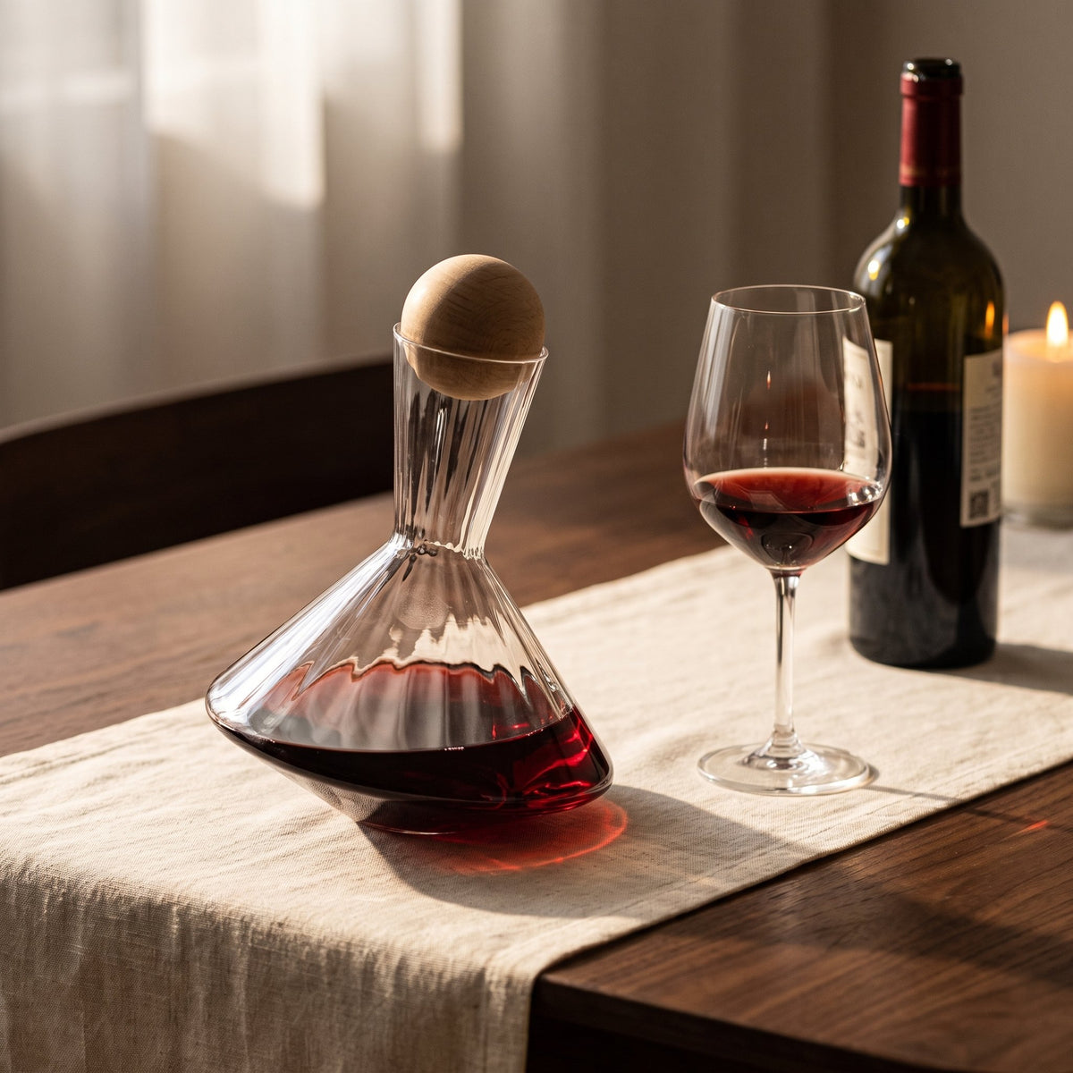 Carafe Spin Cork remplie de vin rouge sur table de dîner aux chandelles