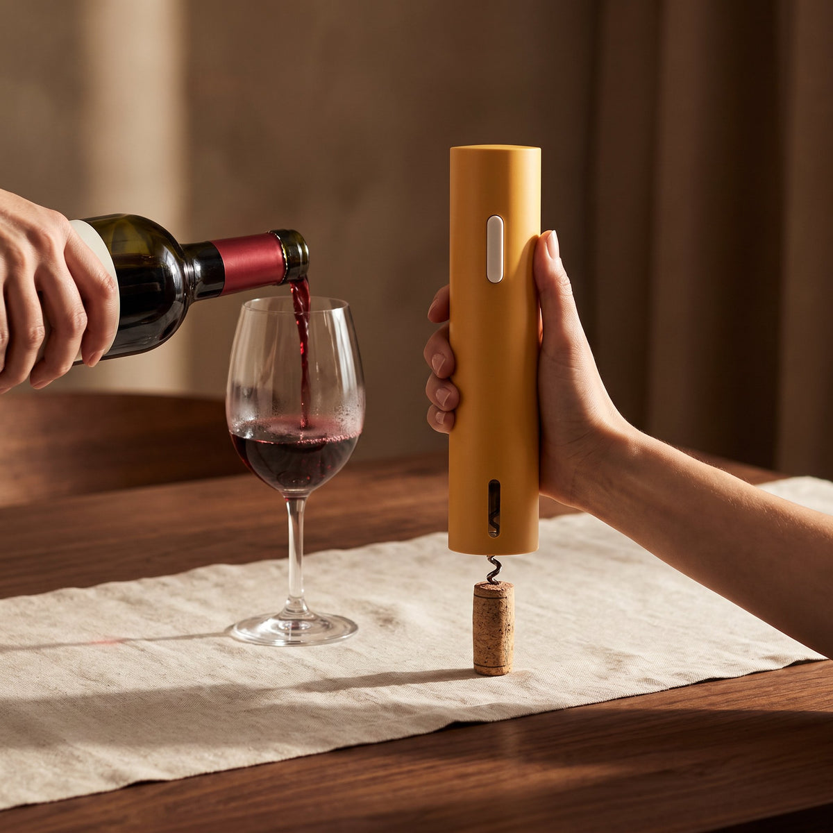 Service du vin après ouverture avec le tire-bouchon électrique uni jaune — La Maison du Sommelier