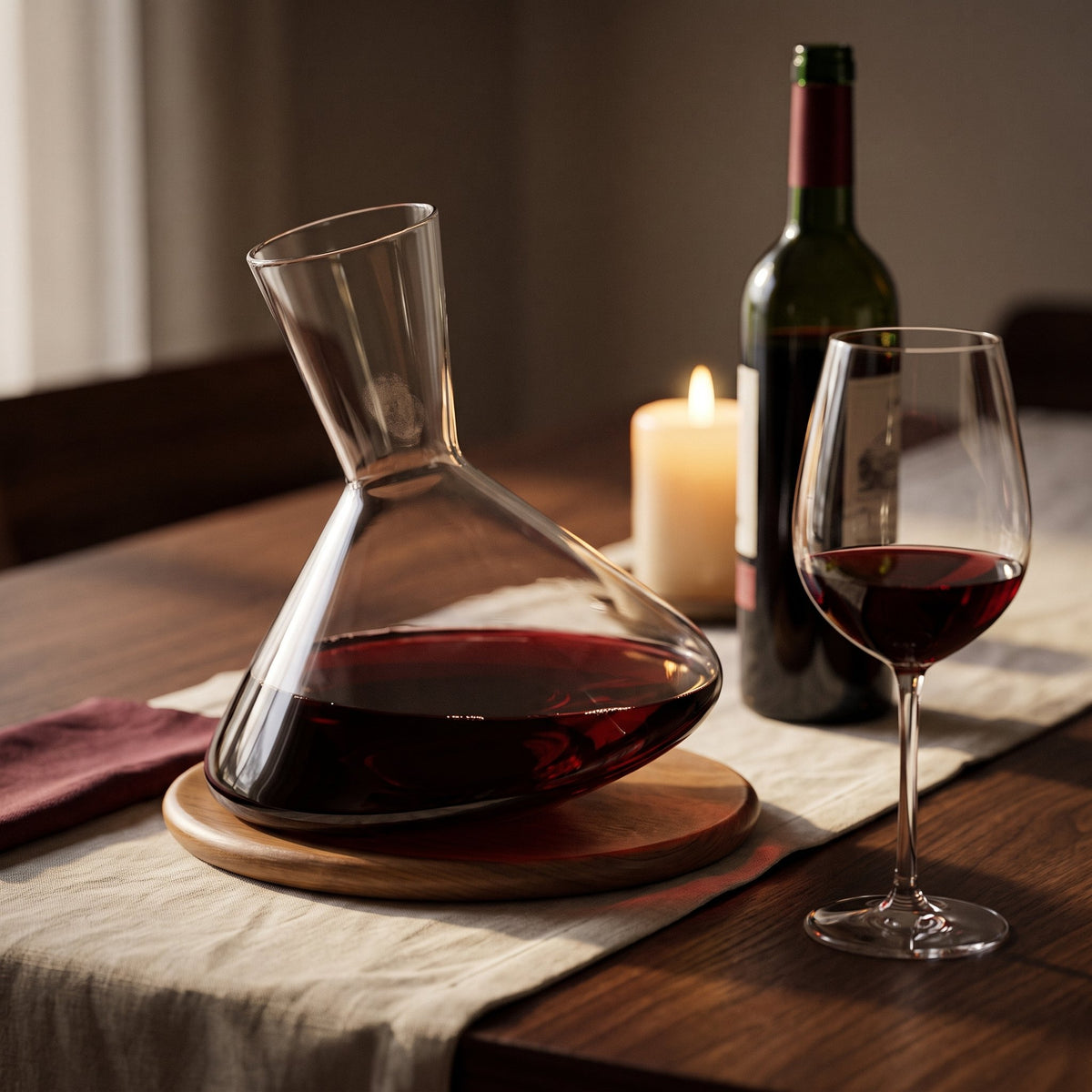 Carafe Culbuto Swing basculante, vin rouge sur table de dîner