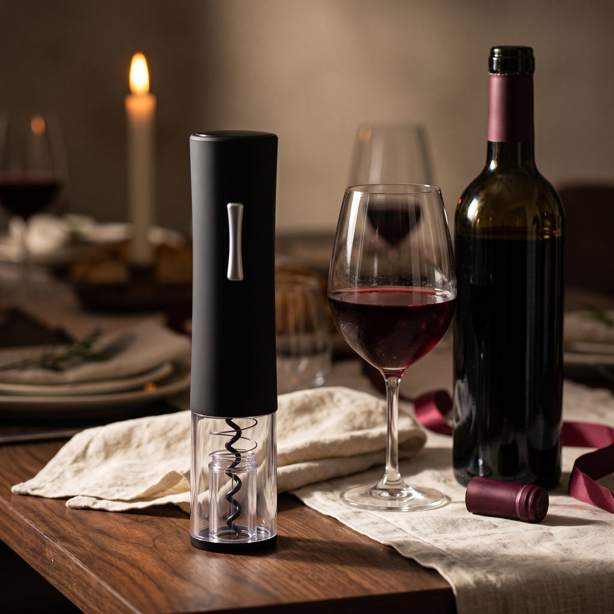 Tire-bouchon électrique Noir Mate sur une table de dîner en noyer avec bouteille et verre de vin rouge