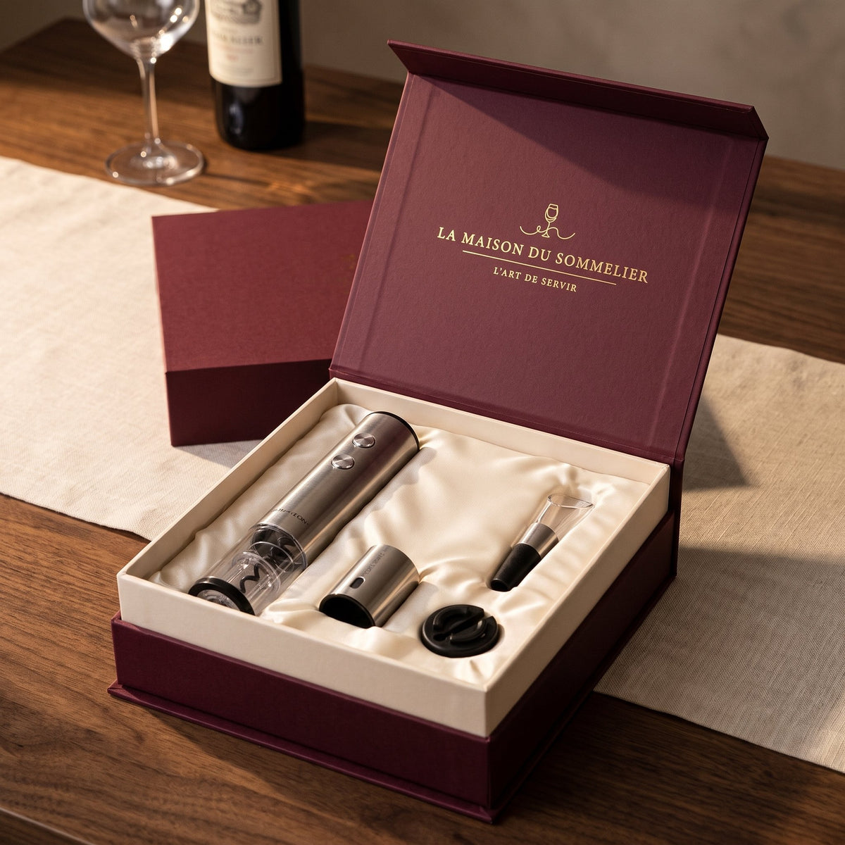Pack tire-bouchon électrique haut de gamme ouvert : écrin bordeaux avec insert crème et accessoires