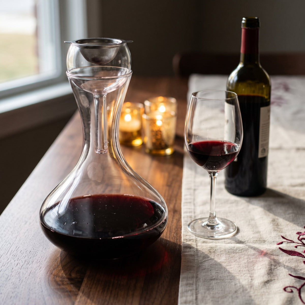 Carafe Nobily avec aérateur, vin rouge sur table de dîner