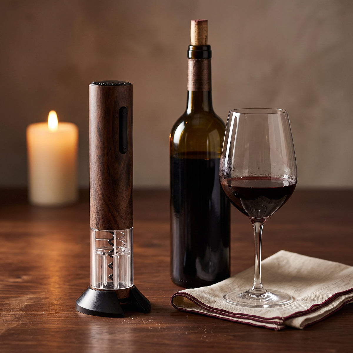 Tire-bouchon électrique Bois sur une table de dîner en noyer avec bouteille et verre de vin rouge